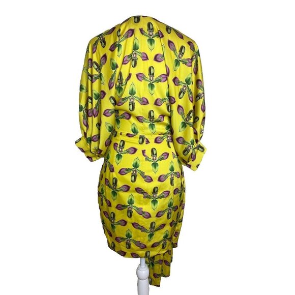 PatBo Asymmetrical Belted Floral Mini Dress Puff Sleeves Satin Yellow Size 4 - Picture 9 of 15